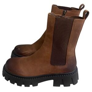 Steve Madden charges rown Leather Lug Sole Chelsea Boots Mid Calf Zip p sz 9.5M